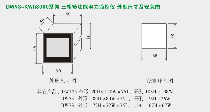 三相组合表,DW93-3000三相电流电压组合表外形尺寸及安装图