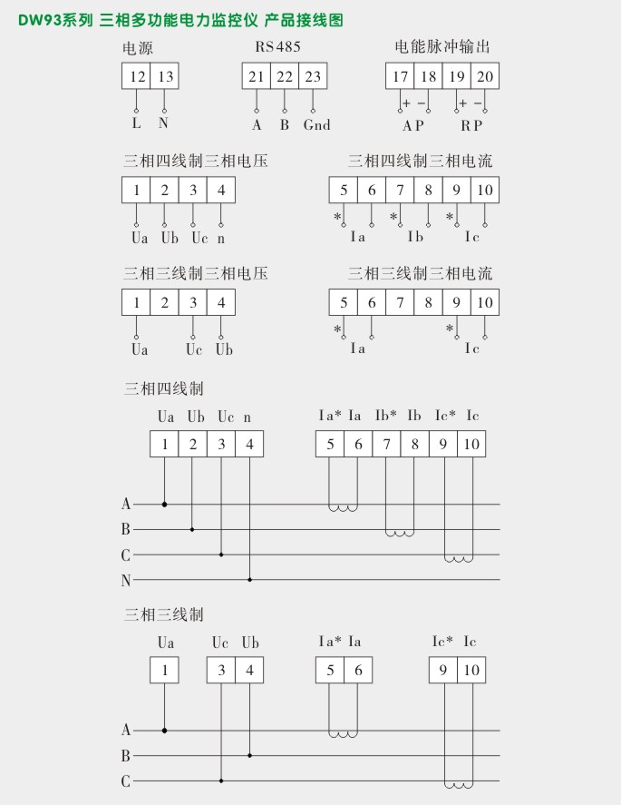 多功能电力仪表,DW93-2000三相多功能表接线图
